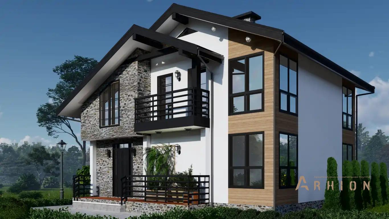 3. Проект одноэтажного дома в современном стиле с двускатной кровлей, h-1611, площадью - 195 кв c мансардой, терассой, балконом, бассейном